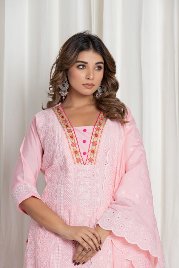 Women's Baby Pink Chikankari Embroidered Cotton Suit Set with Designer Scallop Lace Dupatta