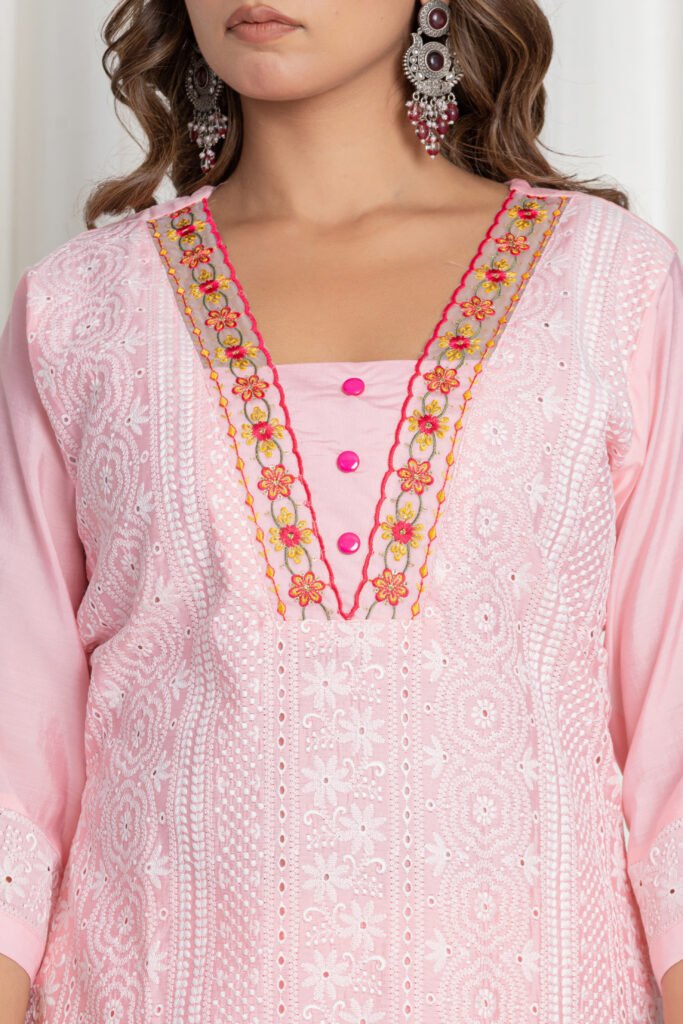 Women's Baby Pink Chikankari Embroidered Cotton Suit Set with Designer Scallop Lace Dupatta