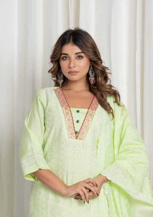 Women's Light Green Chikankari Embroidered Cotton Suit Set with Pure Cotton Lace Dupatta