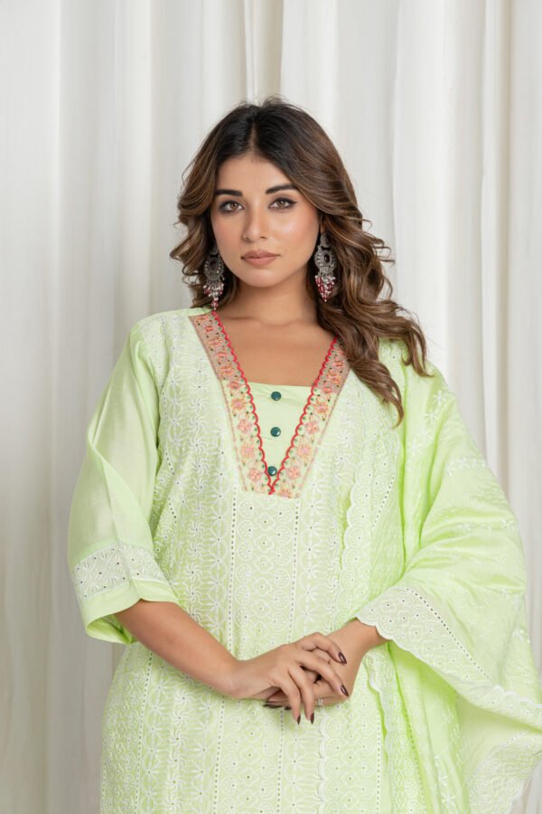 Women's Light Green Chikankari Embroidered Cotton Suit Set with Pure Cotton Lace Dupatta