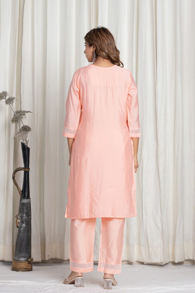 Women's Pastel Peach Chikankari Embroidered Pure Cotton Suit Set with Designer Lace Dupatta
