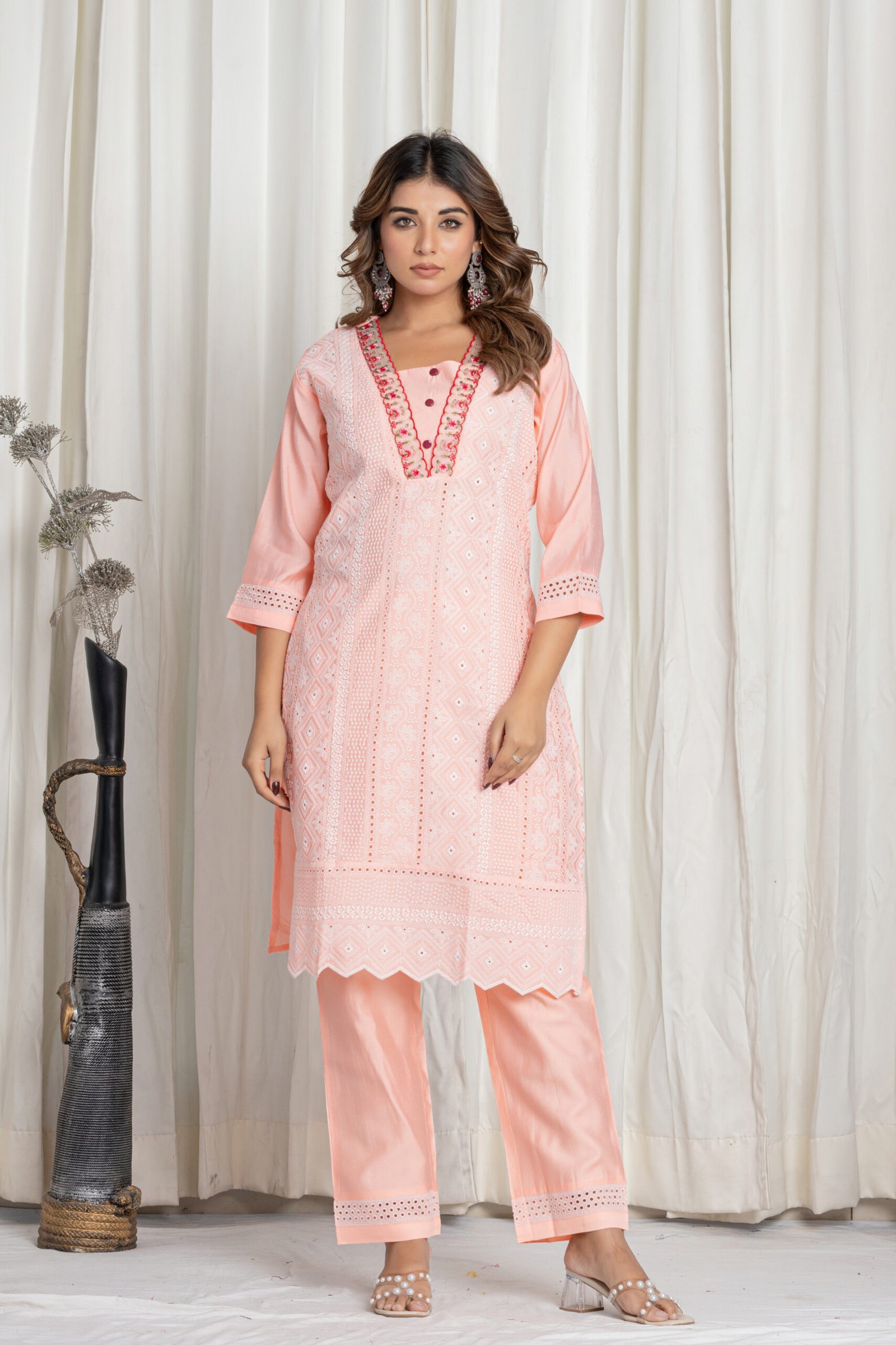 Women's Pastel Peach Chikankari Embroidered Pure Cotton Suit Set with Designer Lace Dupatta - Image 6