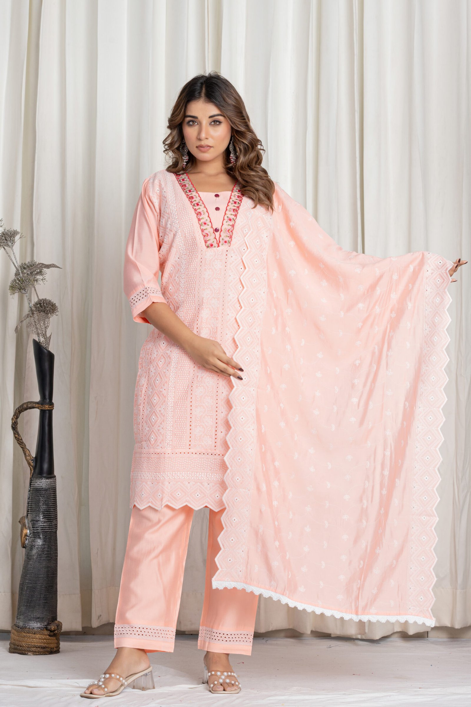 Women's Pastel Peach Chikankari Embroidered Pure Cotton Suit Set with Designer Lace Dupatta - Image 5