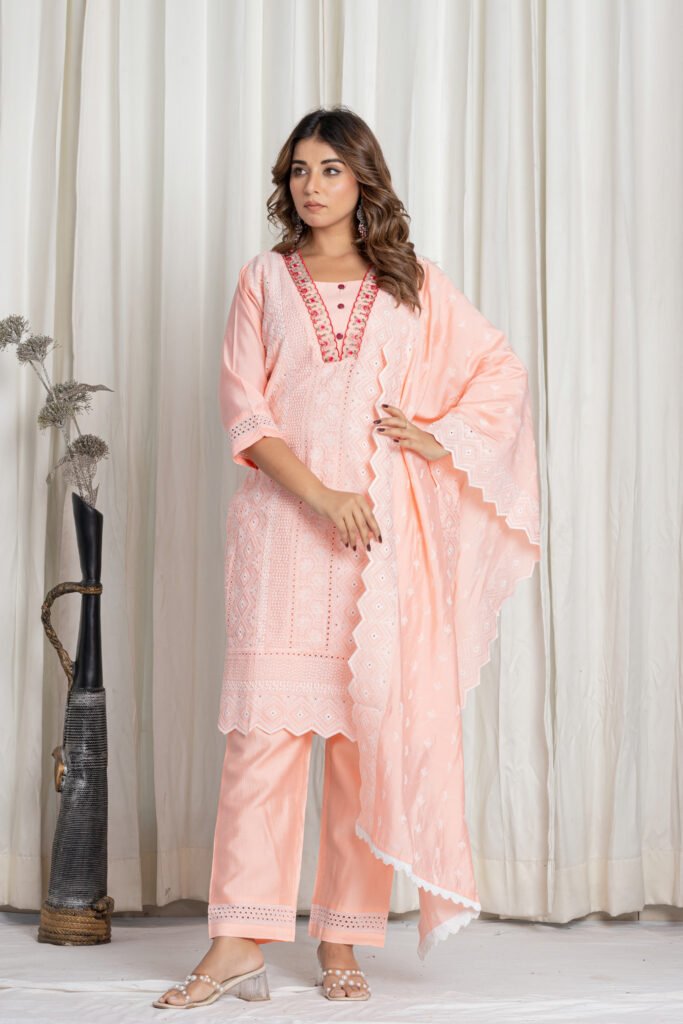 Women's Pastel Peach Chikankari Embroidered Pure Cotton Suit Set with Designer Lace Dupatta