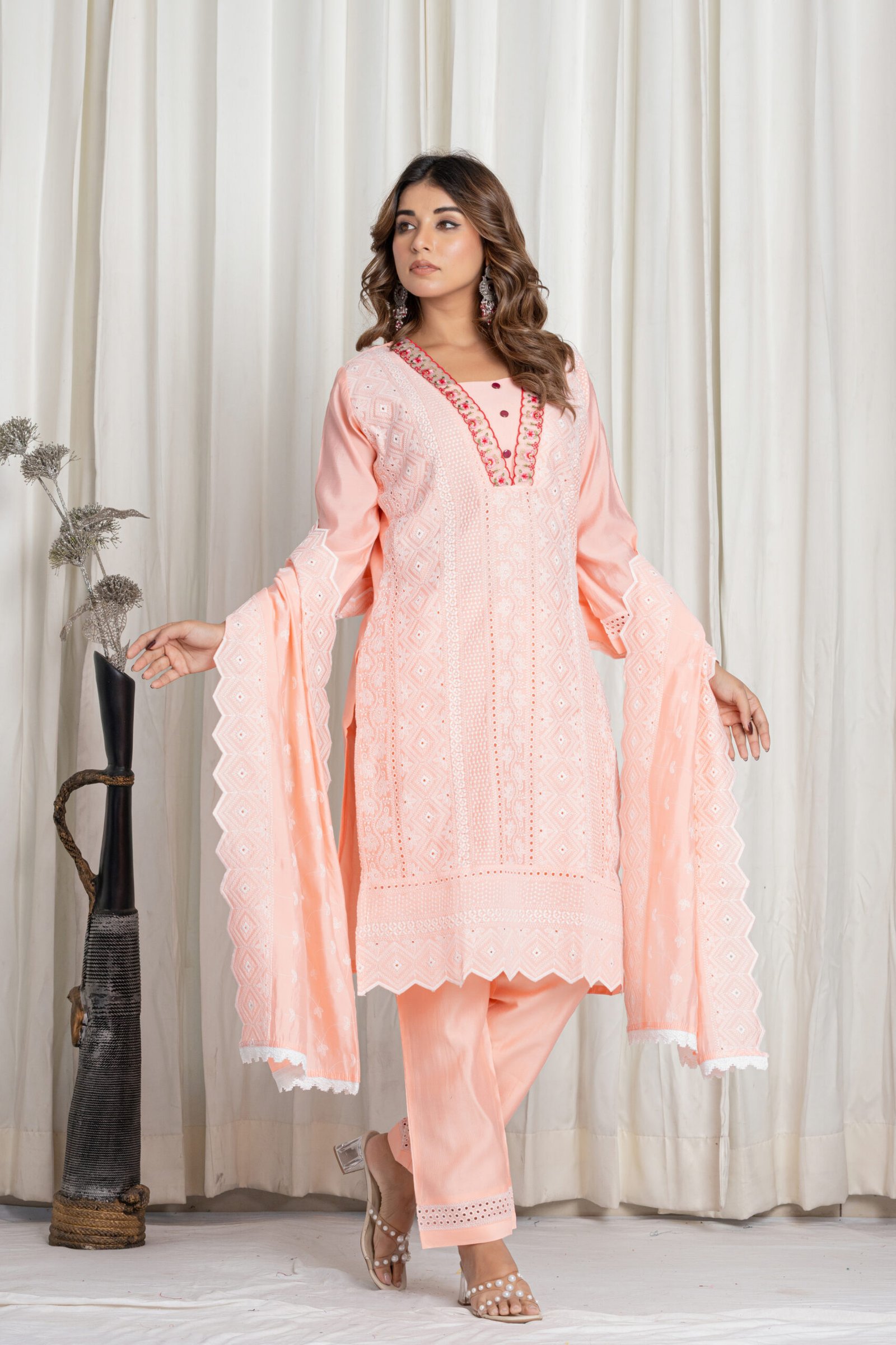 Women's Pastel Peach Chikankari Embroidered Pure Cotton Suit Set with Designer Lace Dupatta - Image 1
