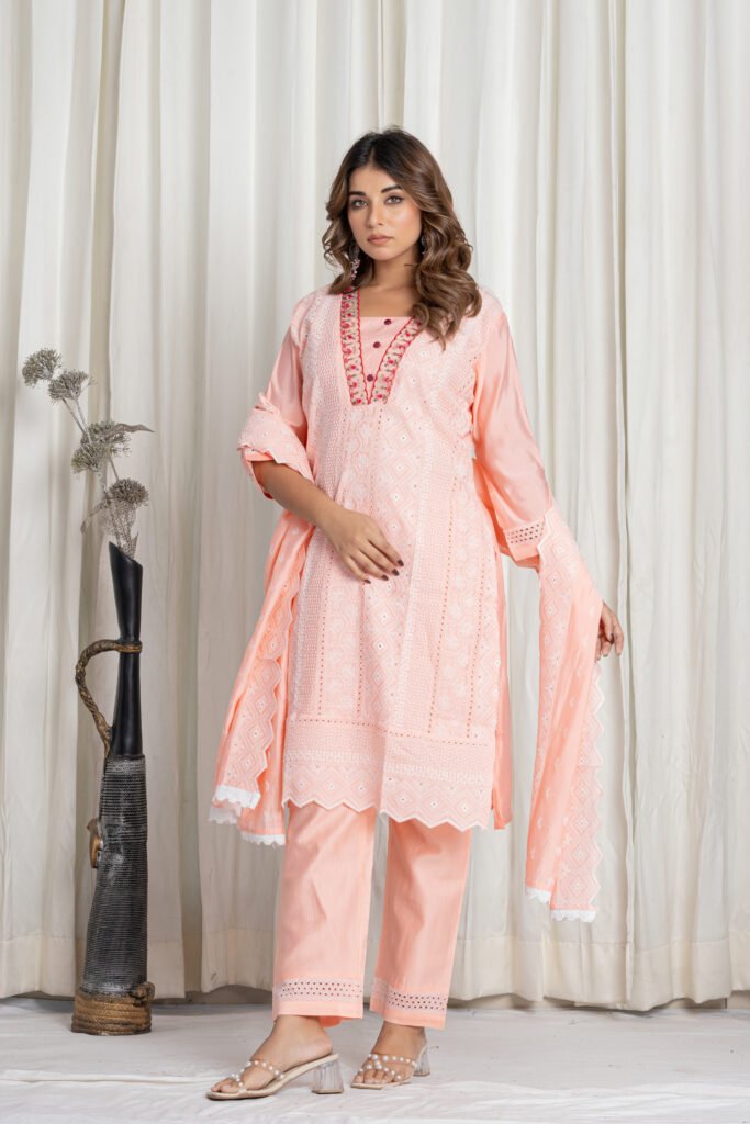 Women's Pastel Peach Chikankari Embroidered Pure Cotton Suit Set with Designer Lace Dupatta