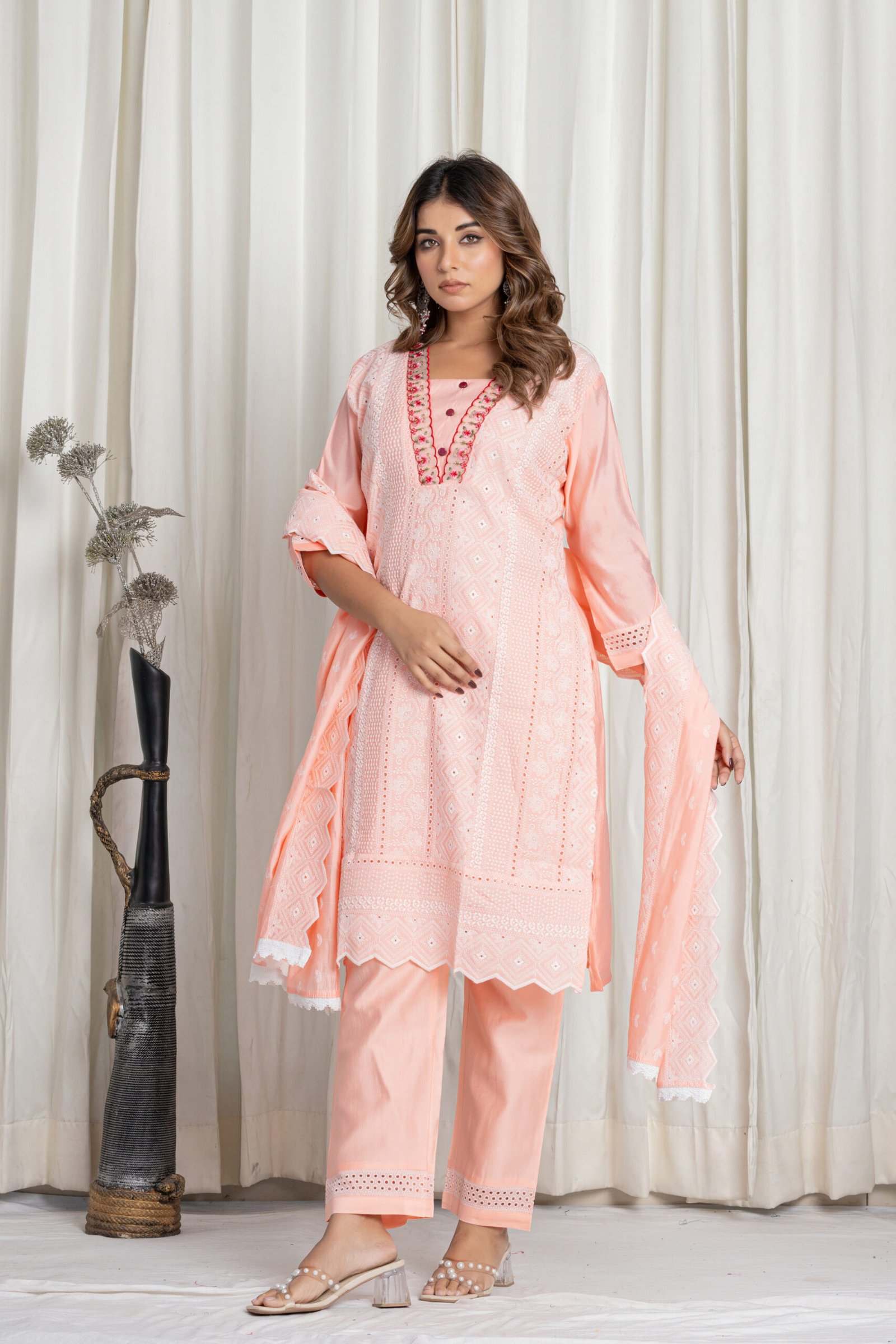 Women's Pastel Peach Chikankari Embroidered Pure Cotton Suit Set with Designer Lace Dupatta - Image 7