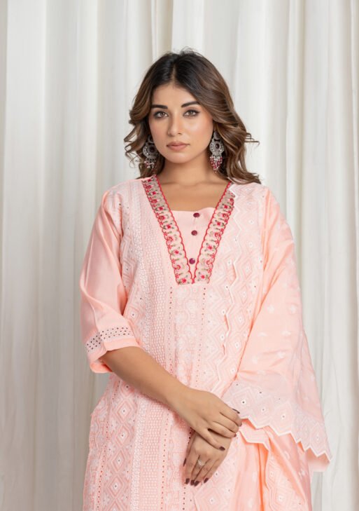 Women's Pastel Peach Chikankari Embroidered Pure Cotton Suit Set with Designer Lace Dupatta
