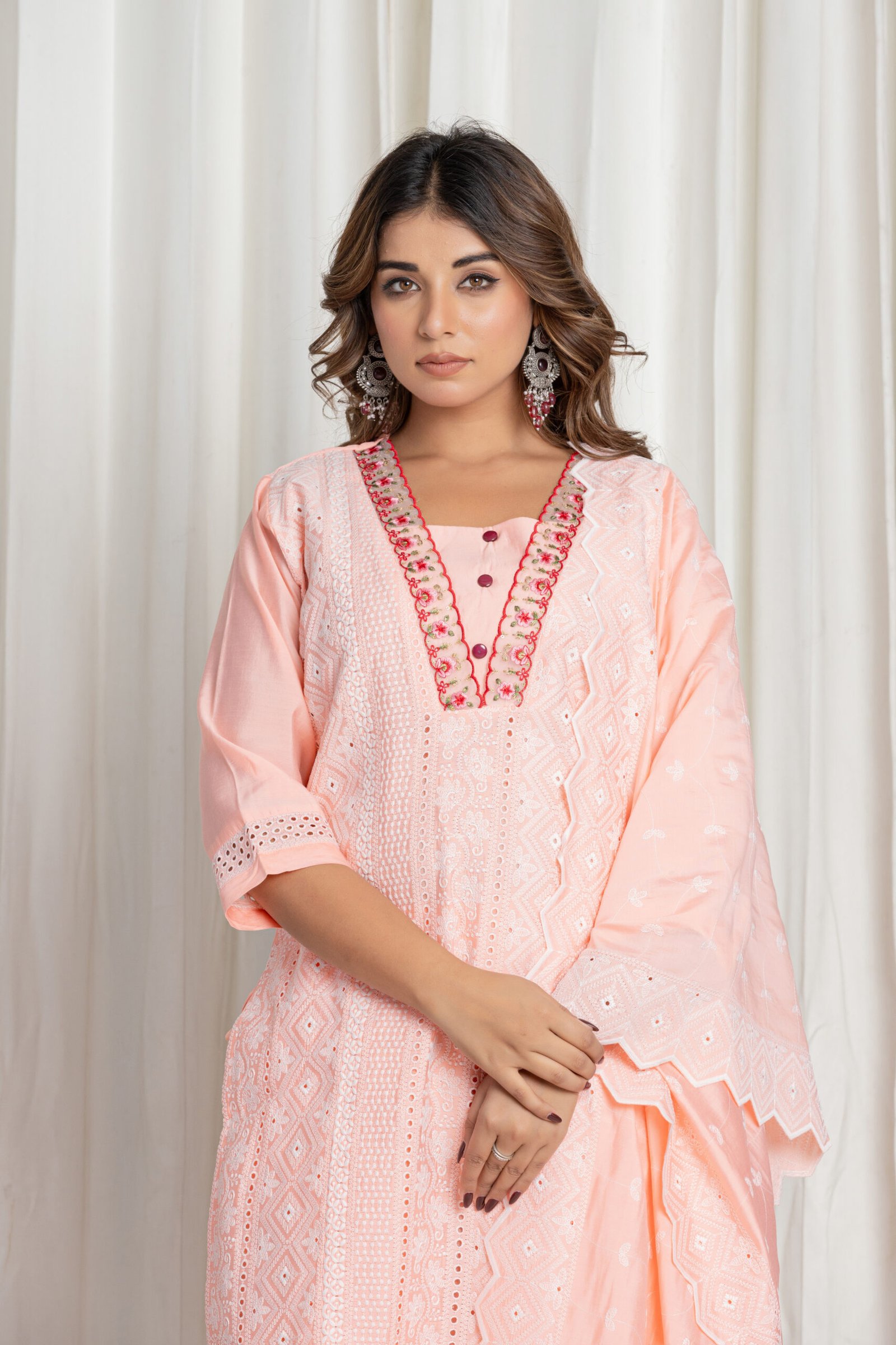 Women's Pastel Peach Chikankari Embroidered Pure Cotton Suit Set with Designer Lace Dupatta