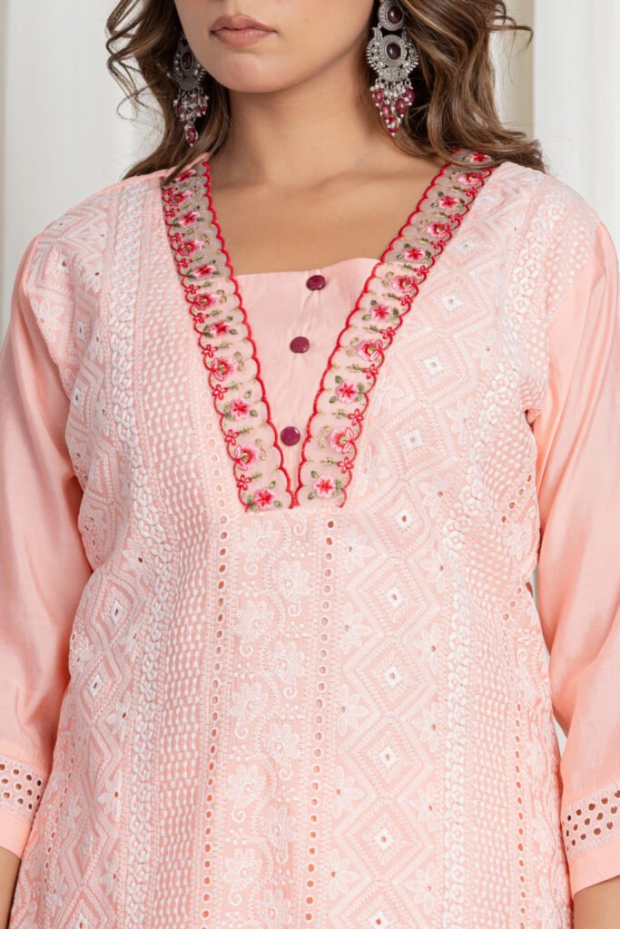 Women's Pastel Peach Chikankari Embroidered Pure Cotton Suit Set with Designer Lace Dupatta