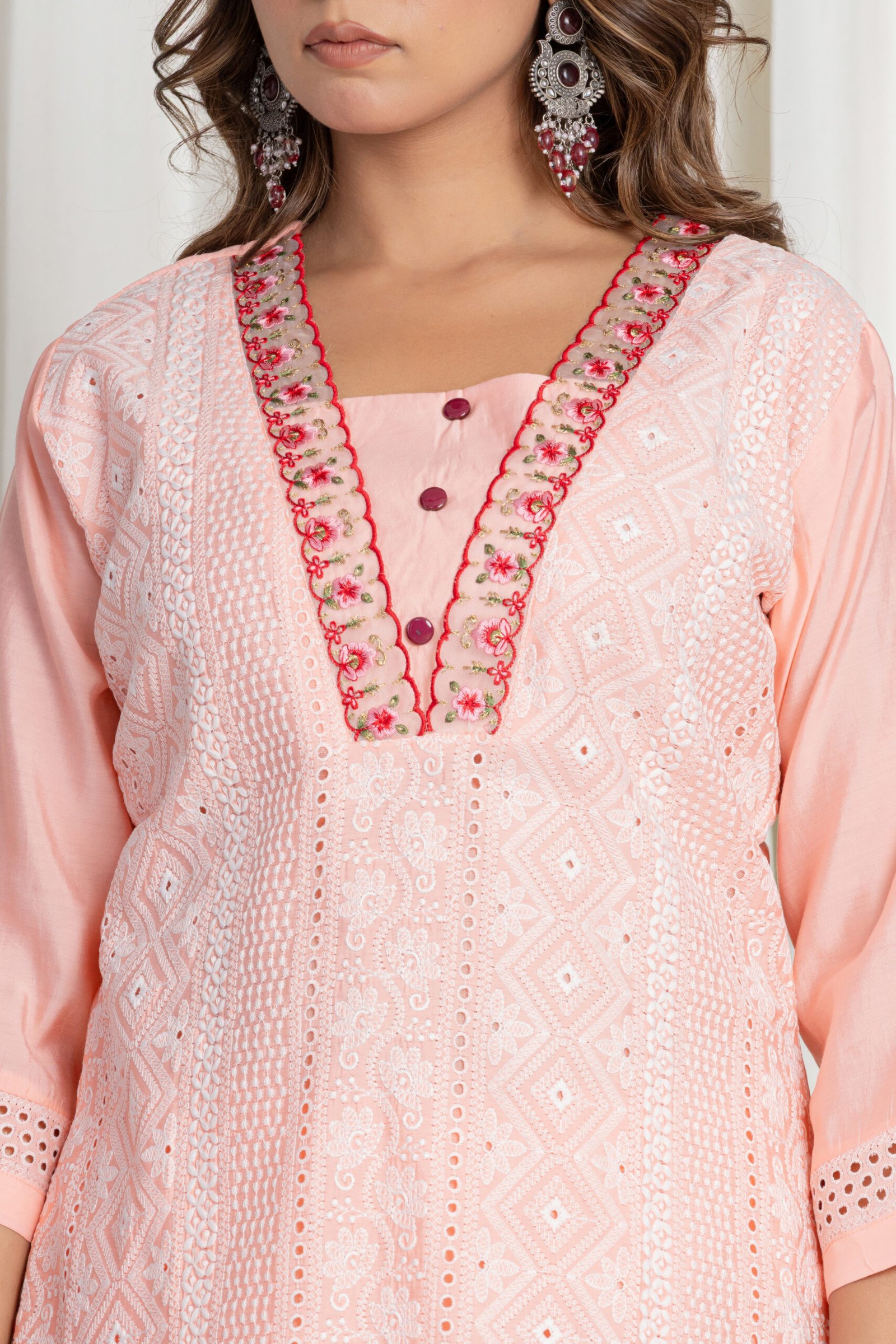 Women's Pastel Peach Chikankari Embroidered Pure Cotton Suit Set with Designer Lace Dupatta - Image 4
