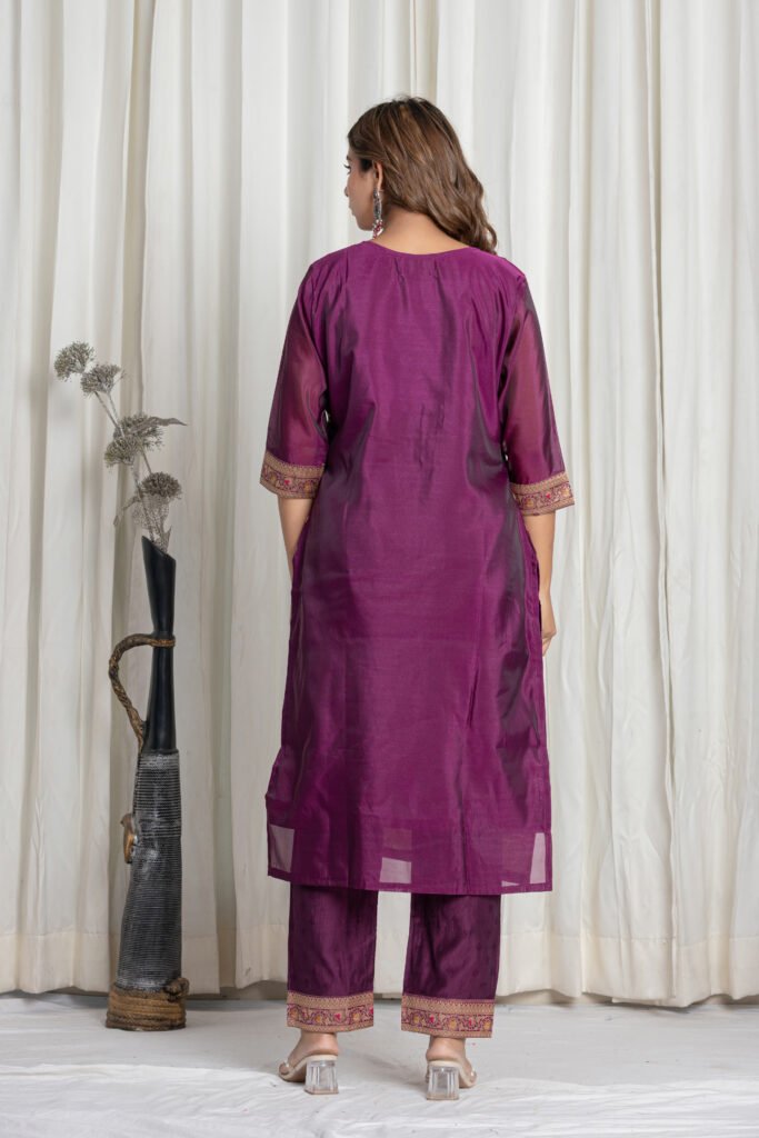 Women's Wine Purple Jacquard Silk Suit Set with Zari Embroidery