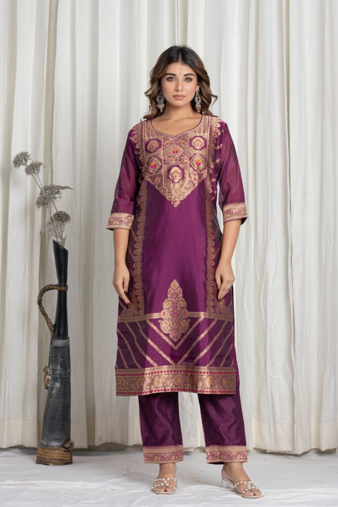 Women's Wine Purple Jacquard Silk Suit Set with Zari Embroidery