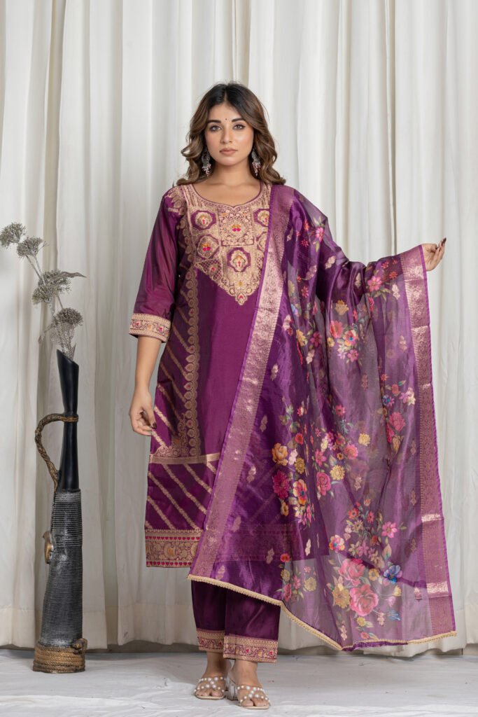Women's Wine Purple Jacquard Silk Suit Set with Zari Embroidery