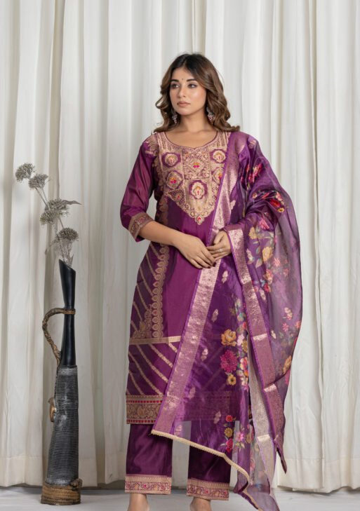 Women's Wine Purple Jacquard Silk Suit Set with Zari Embroidery