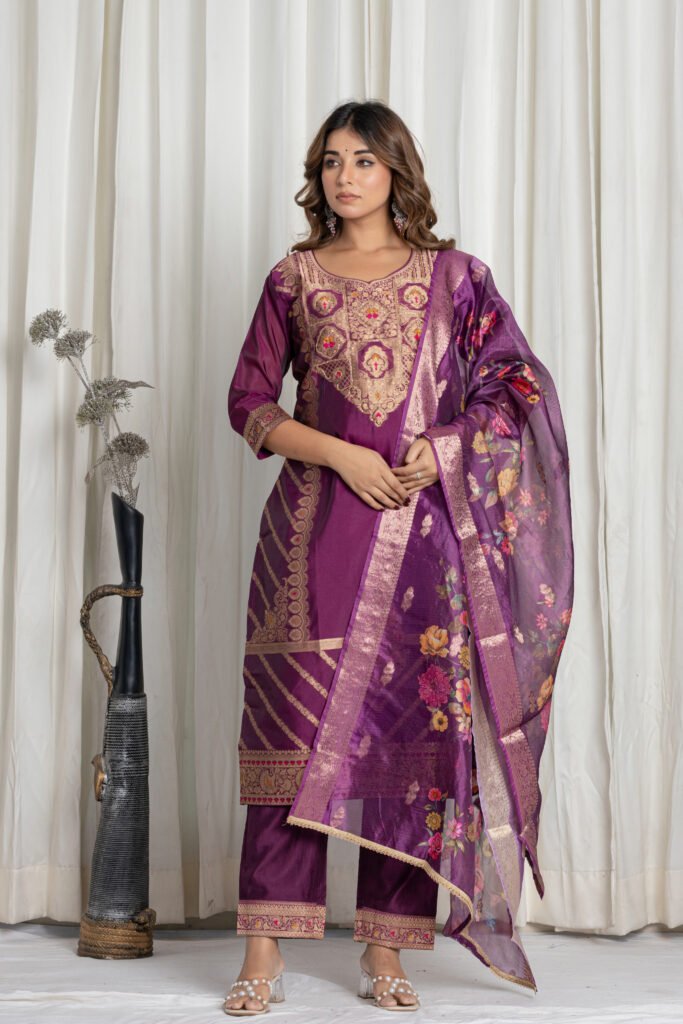 Women's Wine Purple Jacquard Silk Suit Set with Zari Embroidery