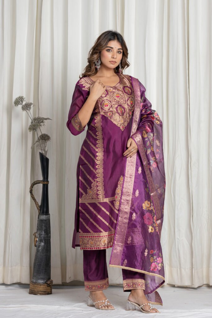Women's Wine Purple Jacquard Silk Suit Set with Zari Embroidery
