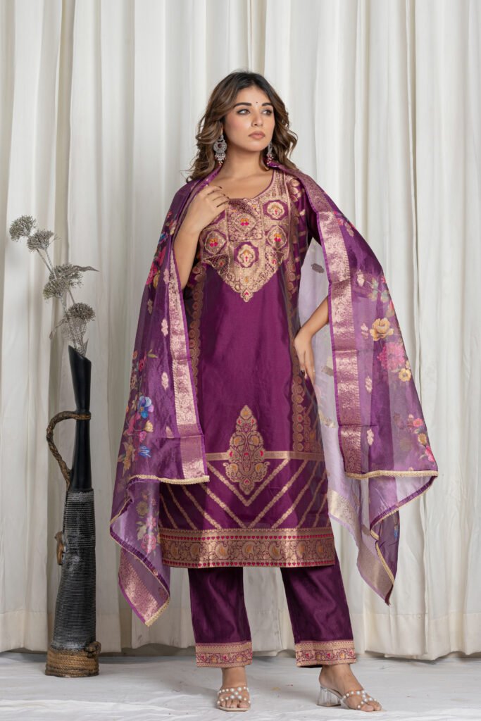 Women's Wine Purple Jacquard Silk Suit Set with Zari Embroidery