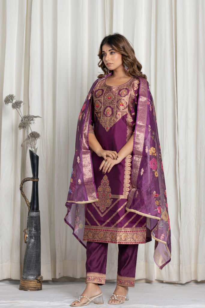 Women's Wine Purple Jacquard Silk Suit Set with Zari Embroidery