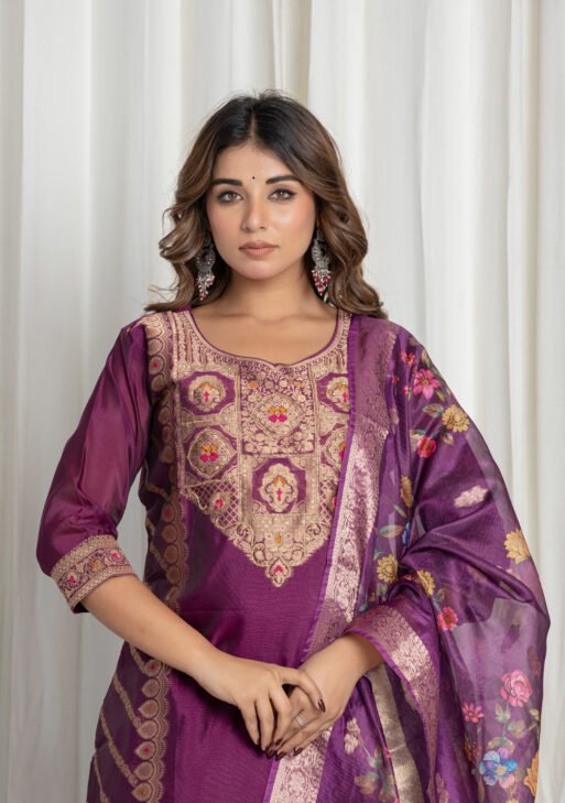 Women's Wine Purple Jacquard Silk Suit Set with Zari Embroidery