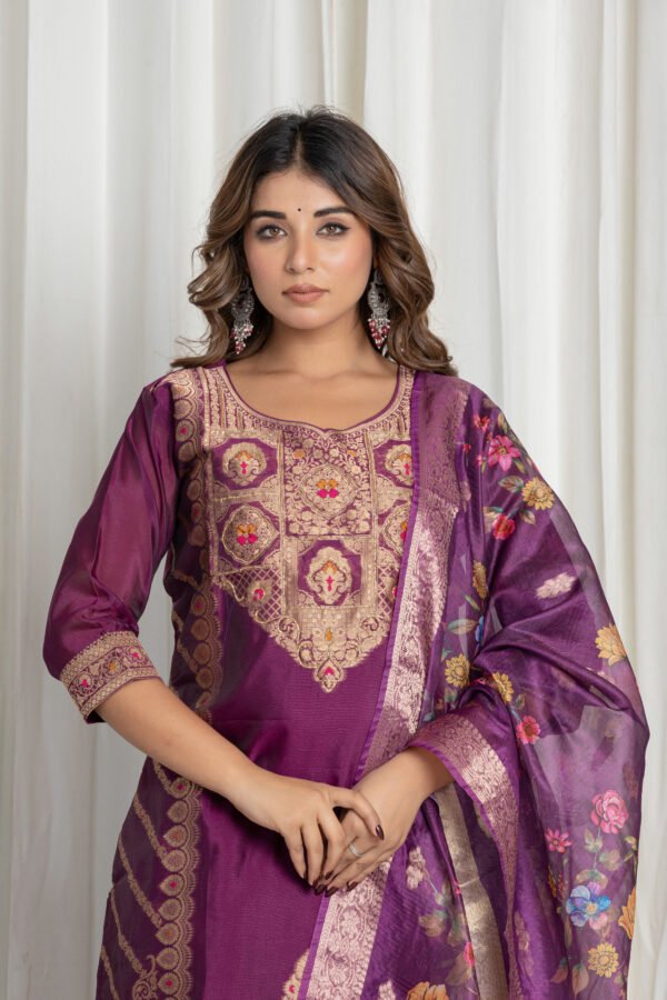 Women's Wine Purple Jacquard Silk Suit Set with Zari Embroidery