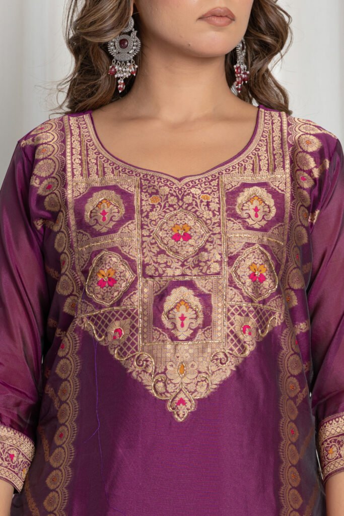 Women's Wine Purple Jacquard Silk Suit Set with Zari Embroidery