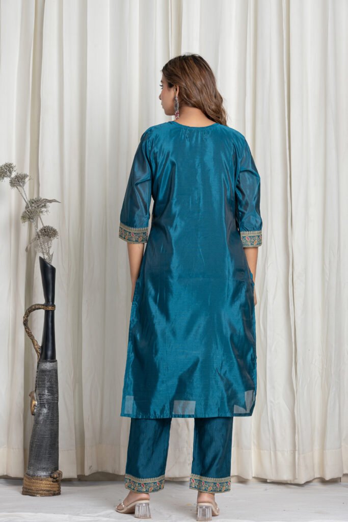 Women's Peacock Blue Jacquard Silk Suit Set with Heavy Embroidery