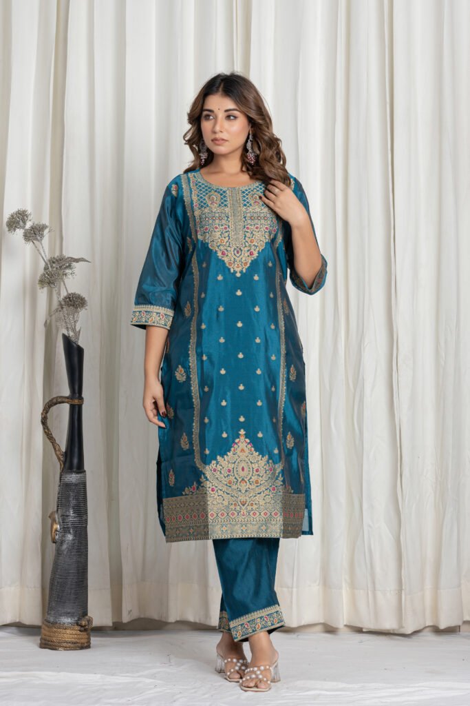 Women's Peacock Blue Jacquard Silk Suit Set with Heavy Embroidery