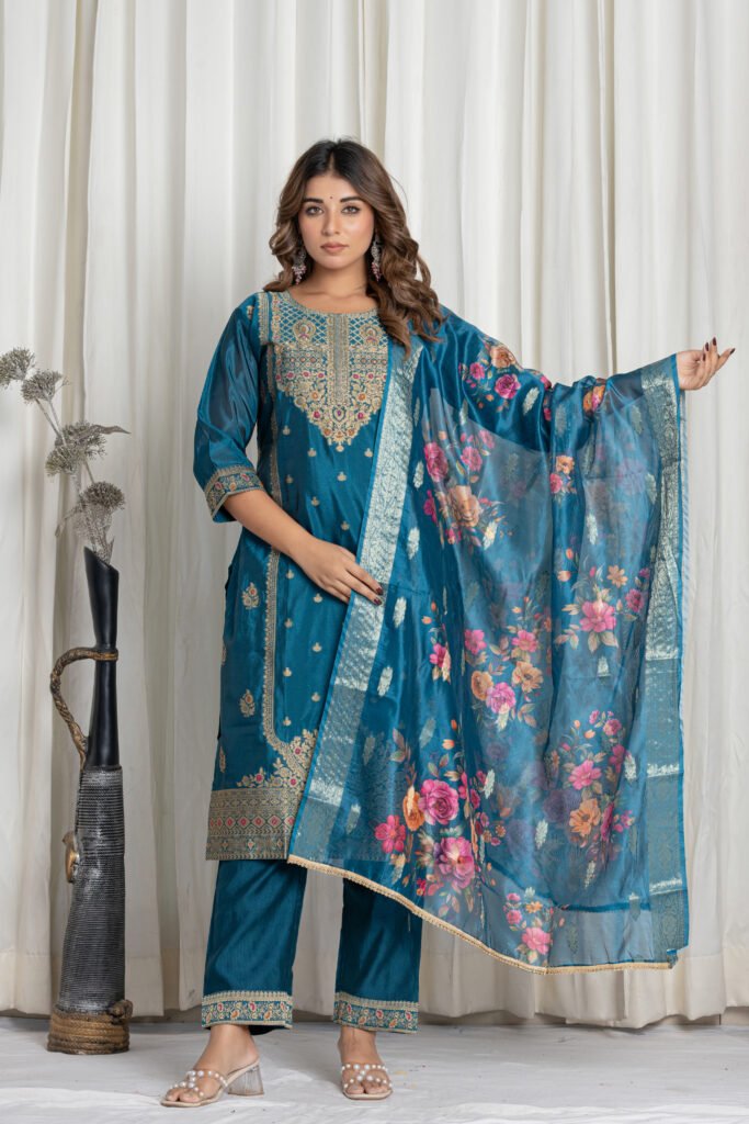 Women's Peacock Blue Jacquard Silk Suit Set with Heavy Embroidery