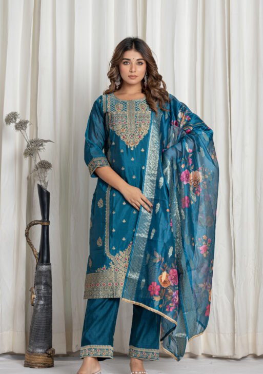 Women's Peacock Blue Jacquard Silk Suit Set with Heavy Embroidery