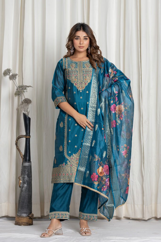 Women's Peacock Blue Jacquard Silk Suit Set with Heavy Embroidery
