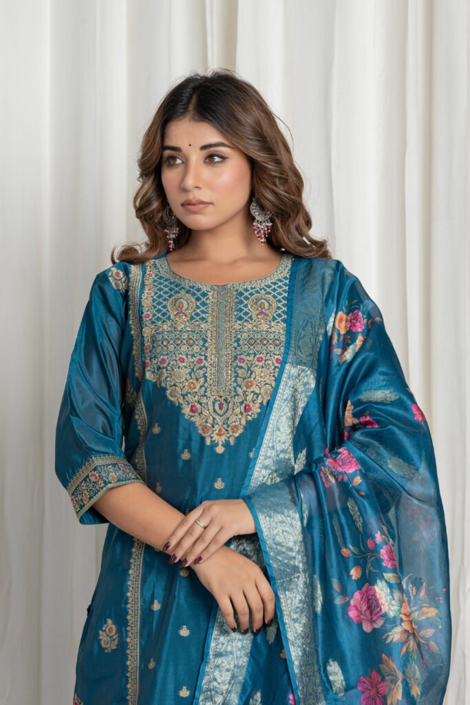 Women's Peacock Blue Jacquard Silk Suit Set with Heavy Embroidery