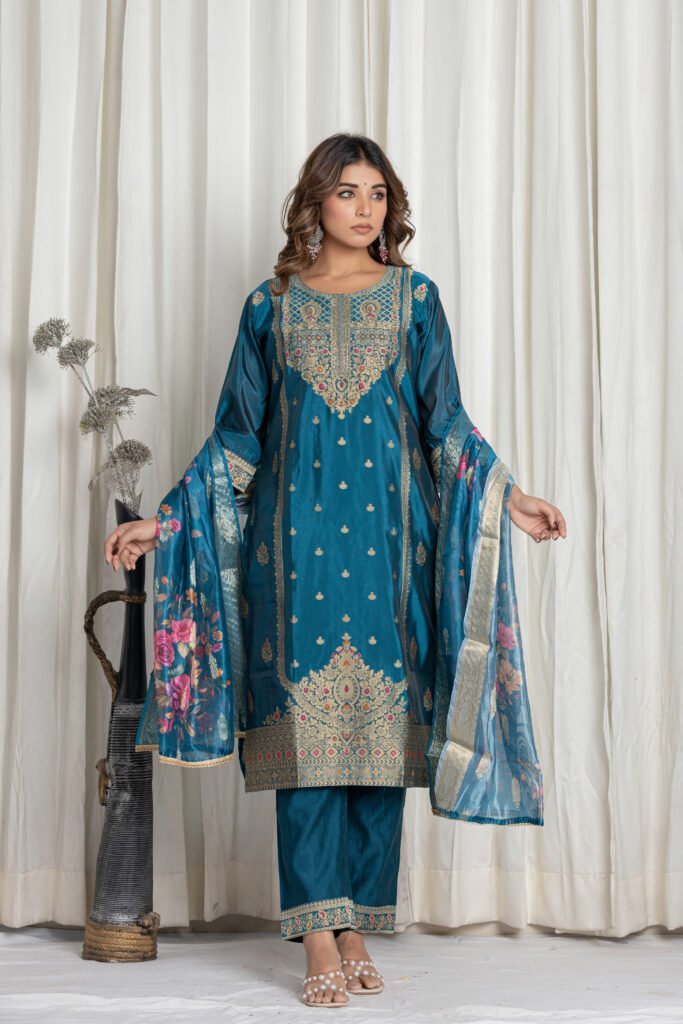 Women's Peacock Blue Jacquard Silk Suit Set with Heavy Embroidery
