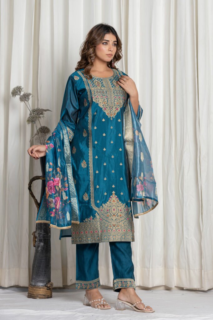 Women's Peacock Blue Jacquard Silk Suit Set with Heavy Embroidery