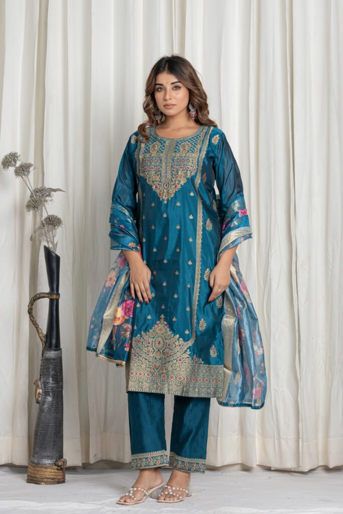Women's Peacock Blue Jacquard Silk Suit Set with Heavy Embroidery