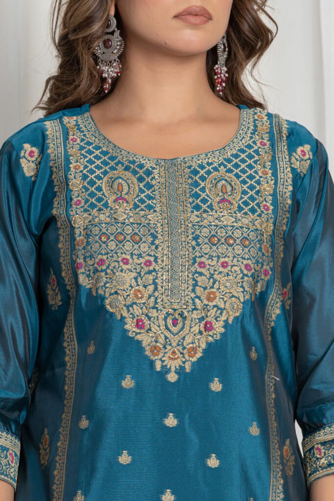 Women's Peacock Blue Jacquard Silk Suit Set with Heavy Embroidery
