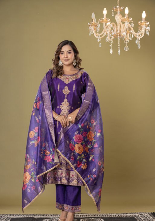 Women's Purple Jacquard Silk Suit Set with Heavy Zari Embroidery