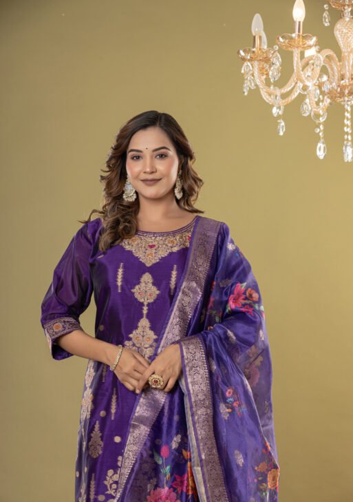 Women's Purple Jacquard Silk Suit Set with Heavy Zari Embroidery