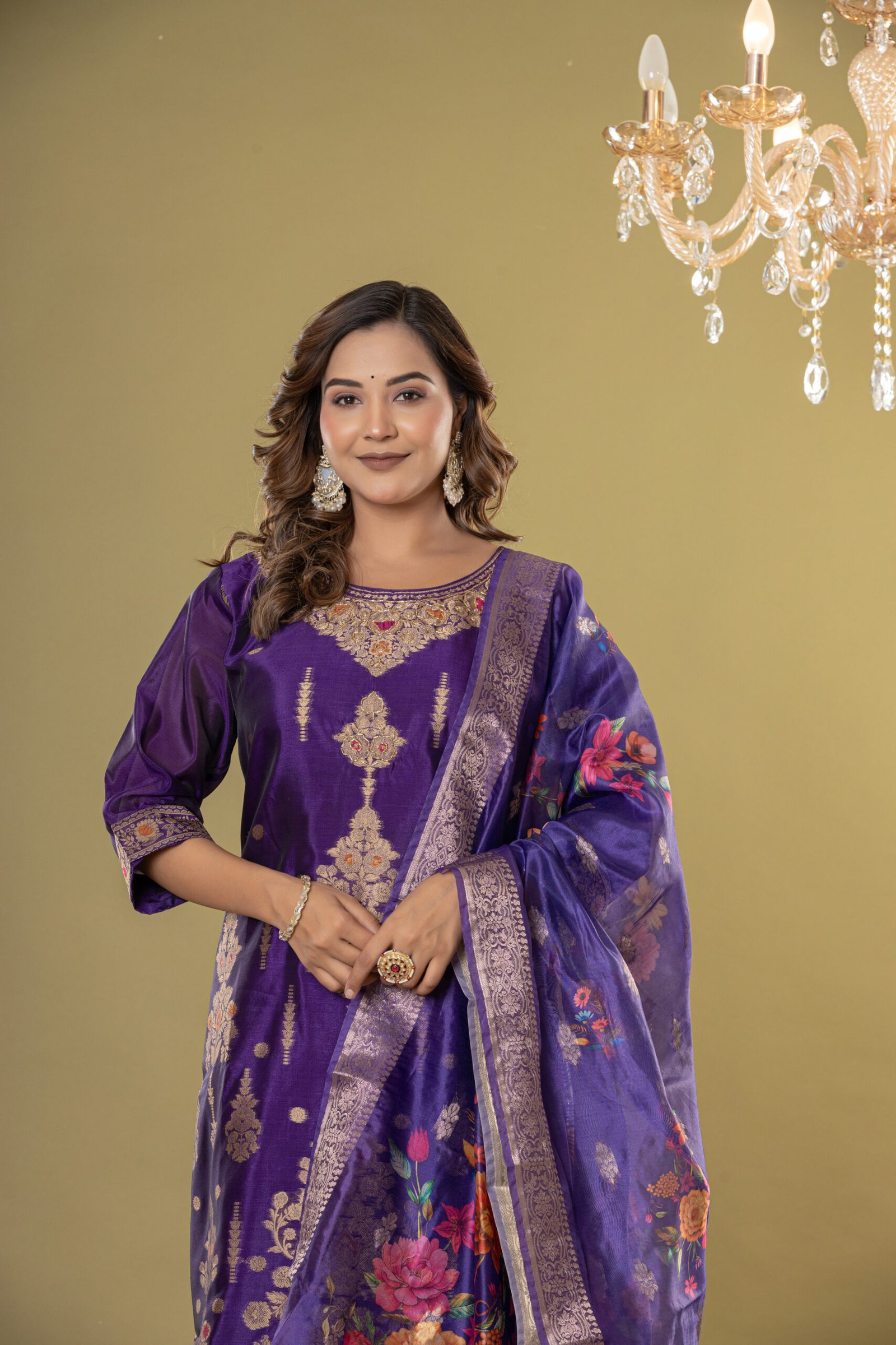 Women's Purple Jacquard Silk Suit Set with Heavy Zari Embroidery