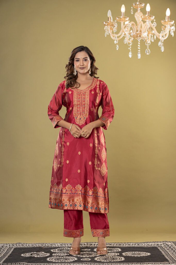 Women's Maroon Jacquard Silk Suit Set with Heavy Zari Embroidery