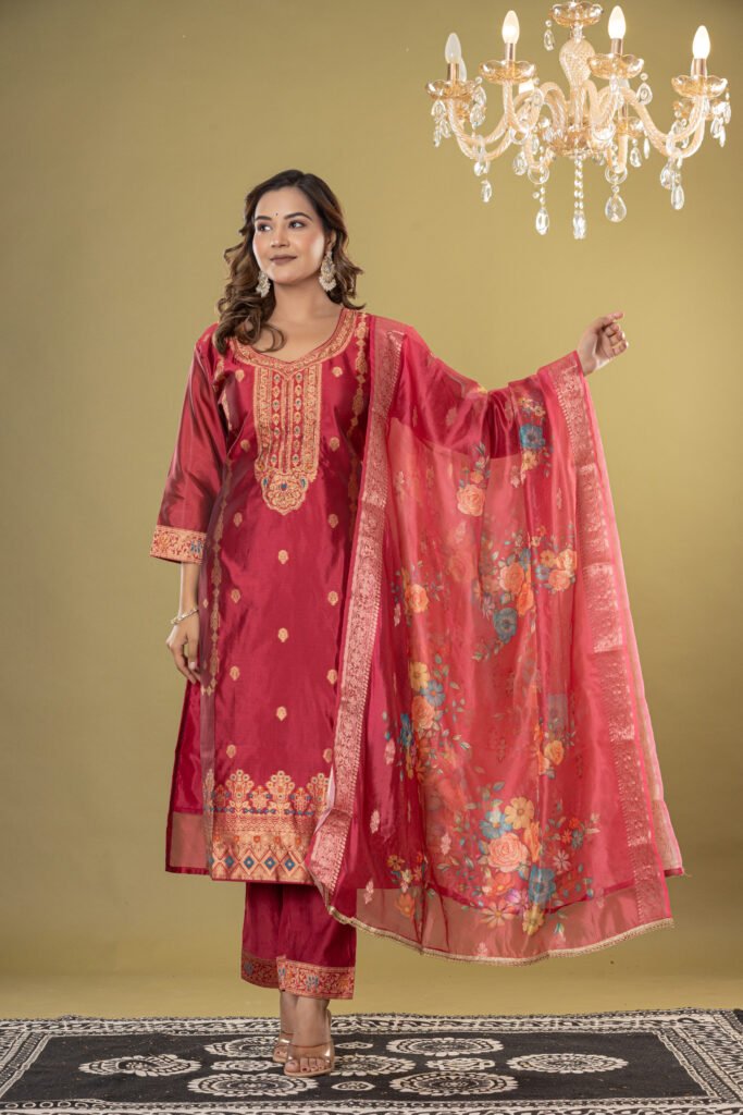Women's Maroon Jacquard Silk Suit Set with Heavy Zari Embroidery