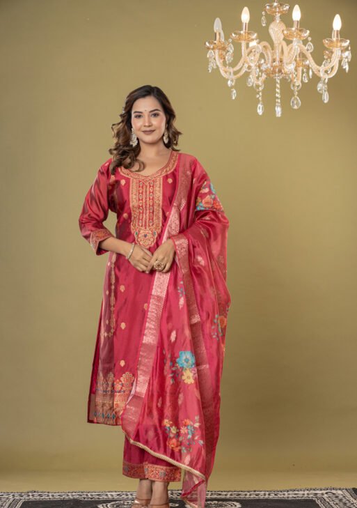 Women's Maroon Jacquard Silk Suit Set with Heavy Zari Embroidery