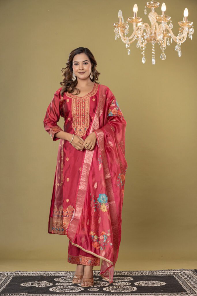 Women's Maroon Jacquard Silk Suit Set with Heavy Zari Embroidery
