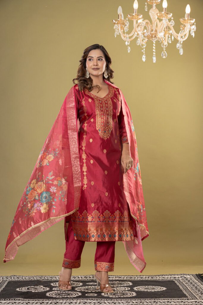 Women's Maroon Jacquard Silk Suit Set with Heavy Zari Embroidery