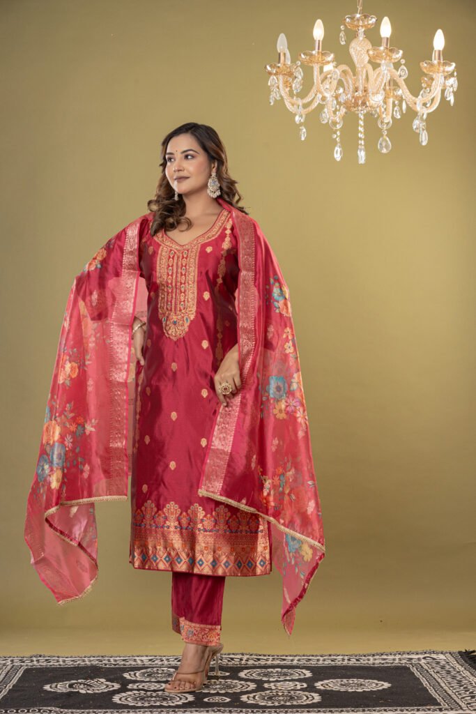 Women's Maroon Jacquard Silk Suit Set with Heavy Zari Embroidery