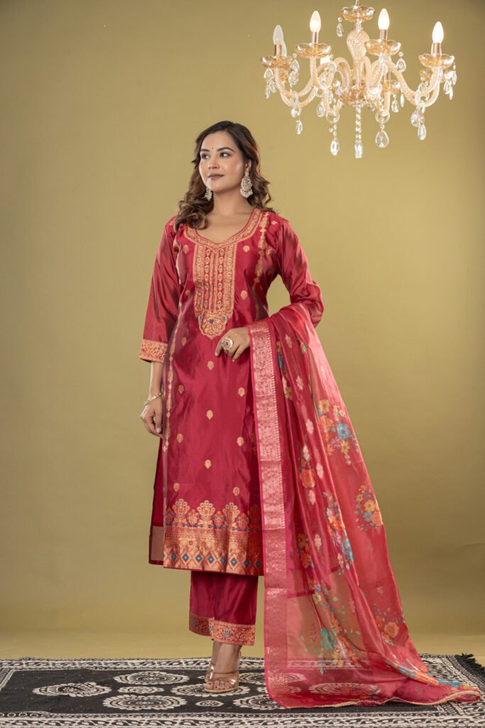 Women's Maroon Jacquard Silk Suit Set with Heavy Zari Embroidery