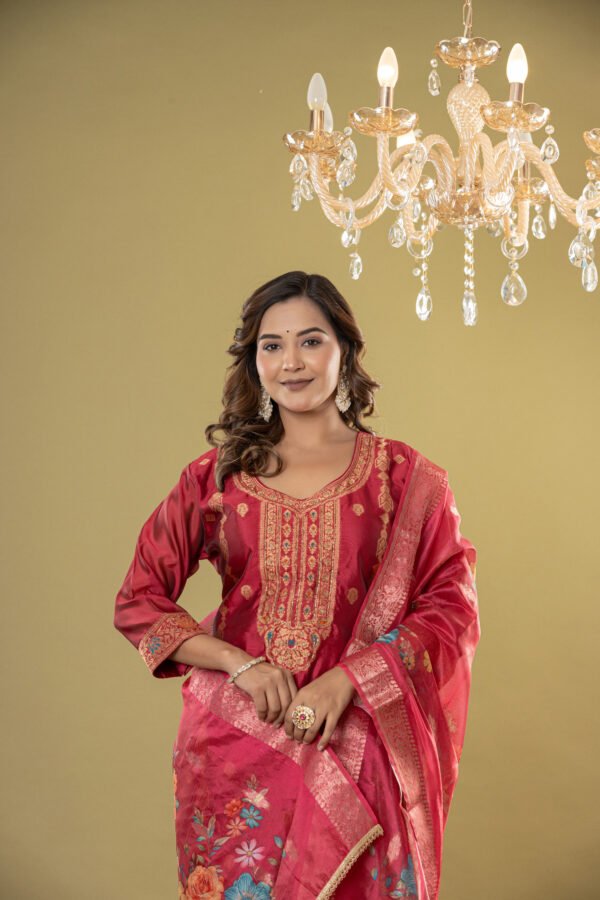 Women's Maroon Jacquard Silk Suit Set with Heavy Zari Embroidery