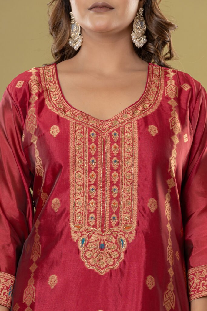 Women's Maroon Jacquard Silk Suit Set with Heavy Zari Embroidery