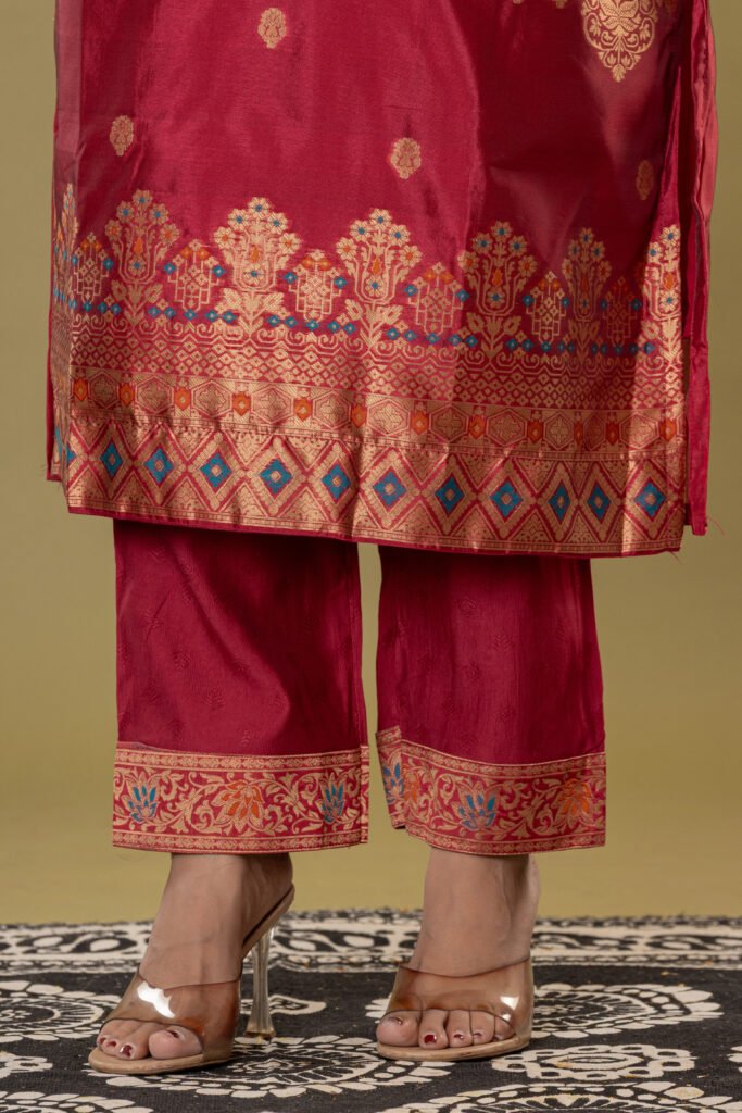 Women's Maroon Jacquard Silk Suit Set with Heavy Zari Embroidery