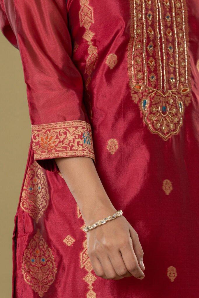 Women's Maroon Jacquard Silk Suit Set with Heavy Zari Embroidery